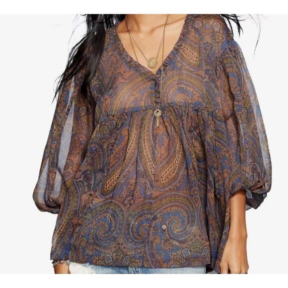 Denim & Supply Ralph Lauren Chiffon Sheer Blouse Womens SZ M Paisley Peasant Top - Picture 1 of 9